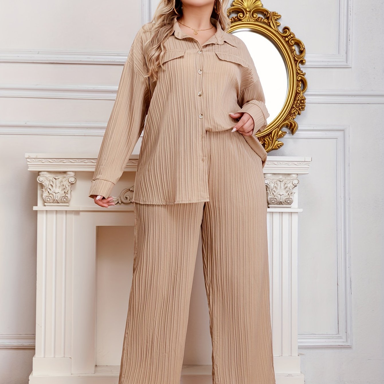 Ribbed Long Sleeve Shirt & Wide Leg Pants Set