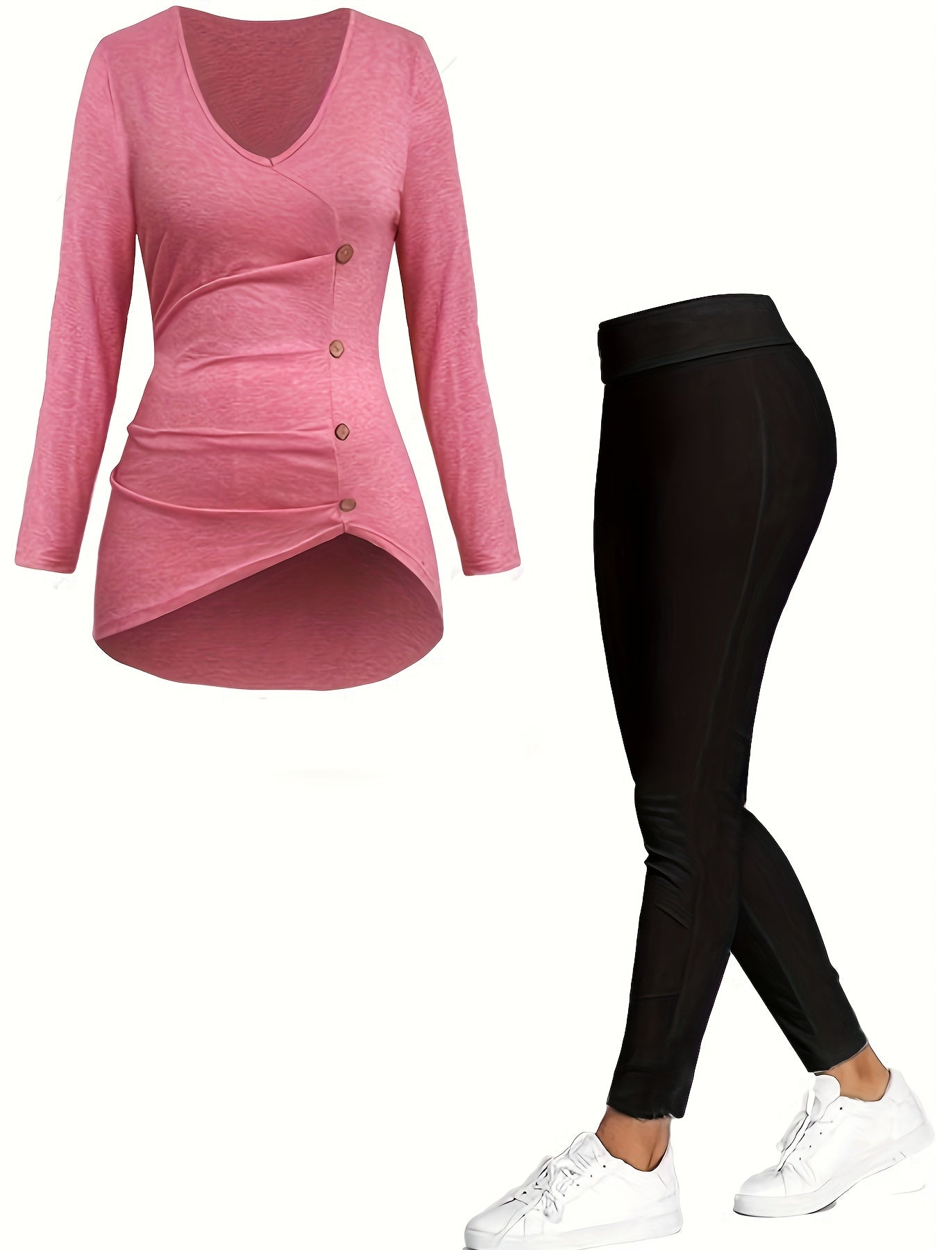  Solid V Neck Top & High Rise Leggings 2 Piece Set