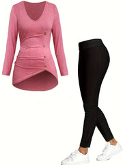  Solid V Neck Top & High Rise Leggings 2 Piece Set