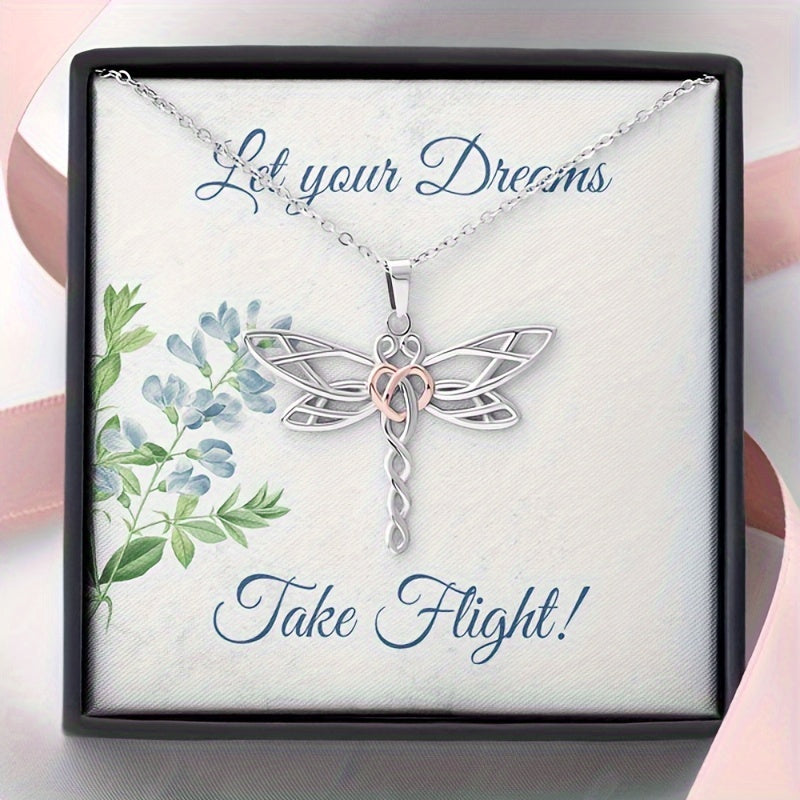 Dragonfly Pendant Bicolor Stainless Steel Chain Gift Necklace Card