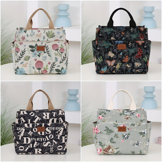 Vintage Floral & Letter Print Lunch Tote, Large Capacity