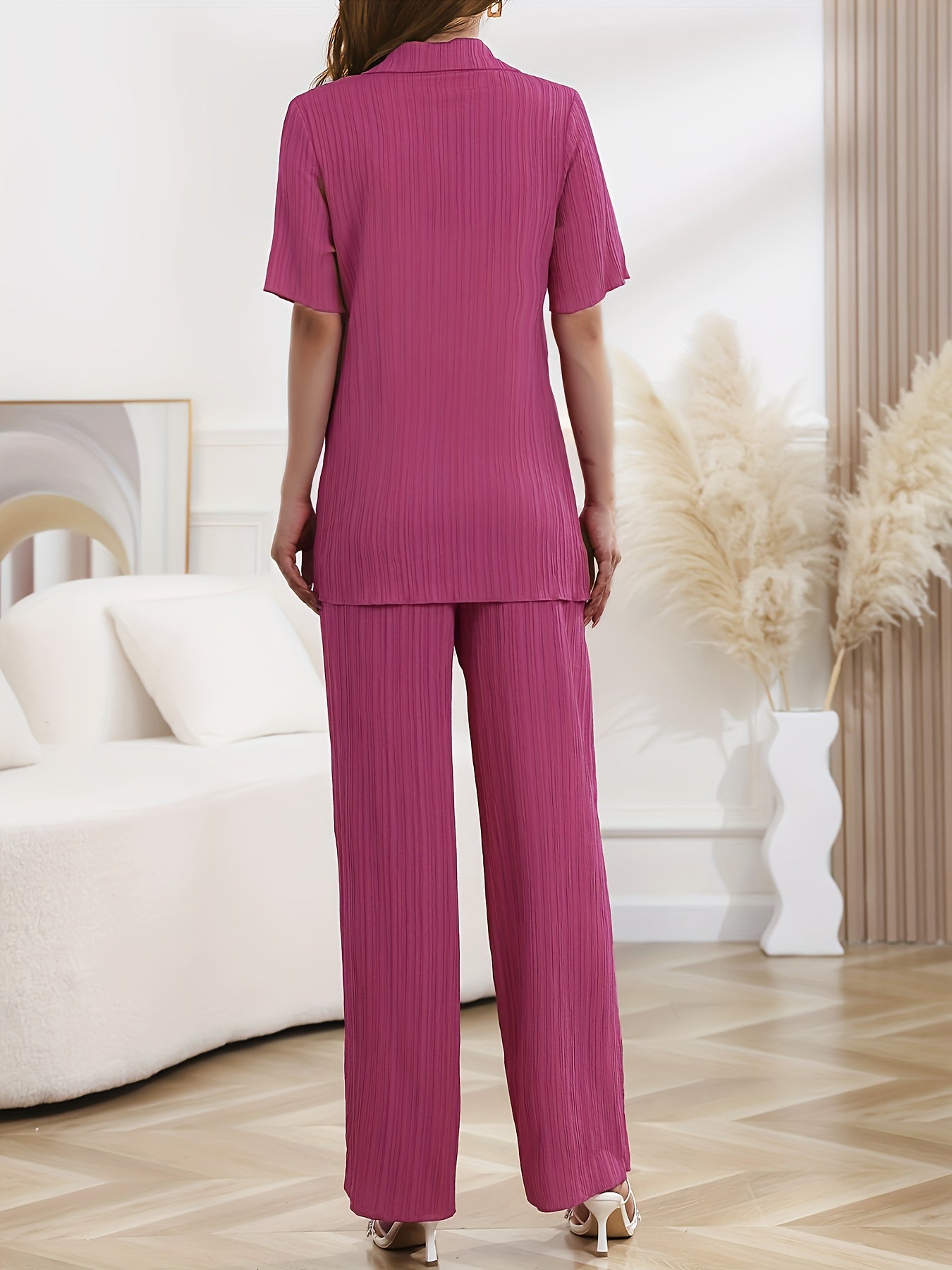 Solid Textured Casual Two piece Set Short Sleeve Button Blouse & Wide Leg