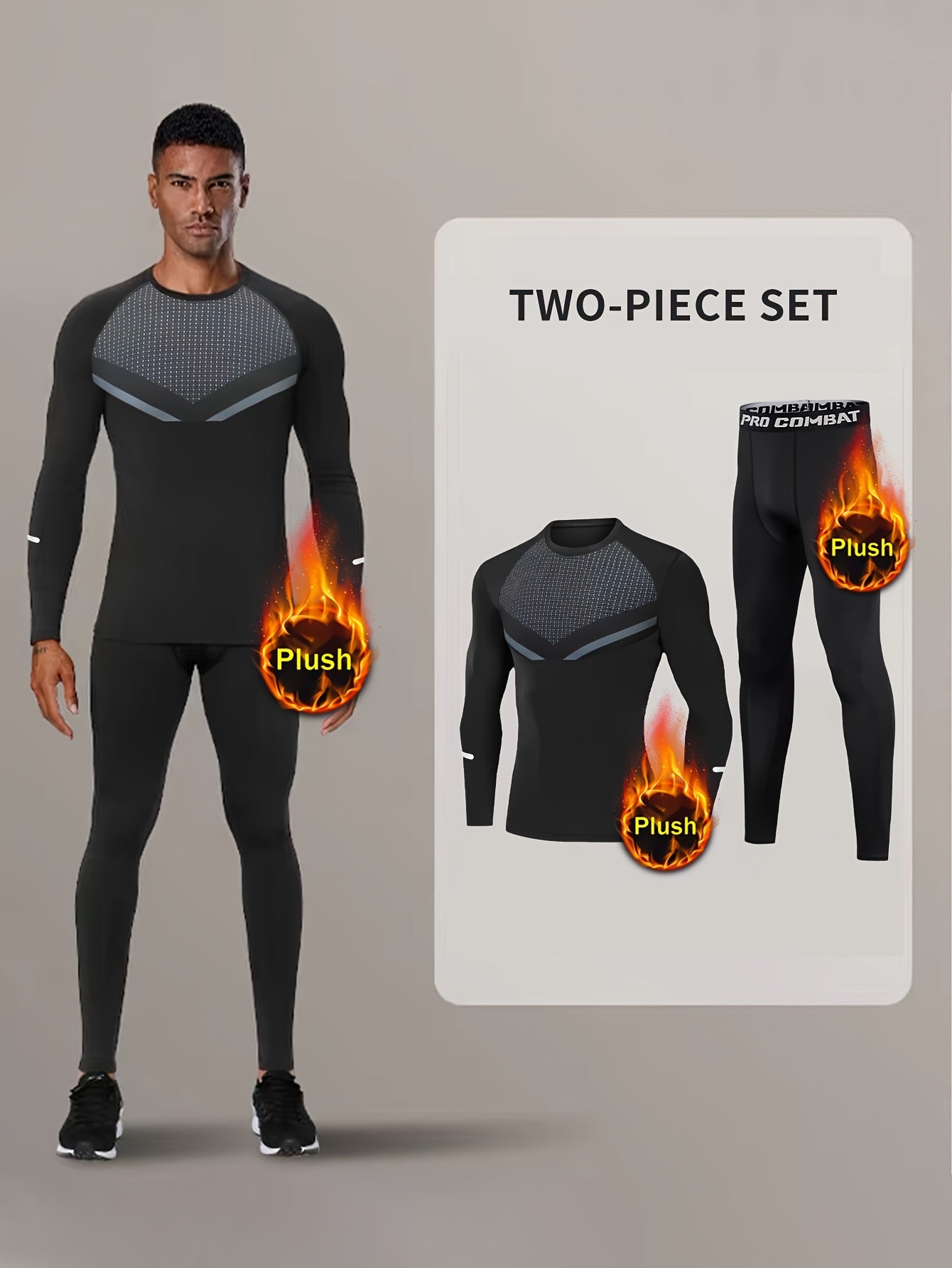 Men's Warm Fleece Underwear Set Sports Fitness Base Layer Long Sleeve Top & Pant