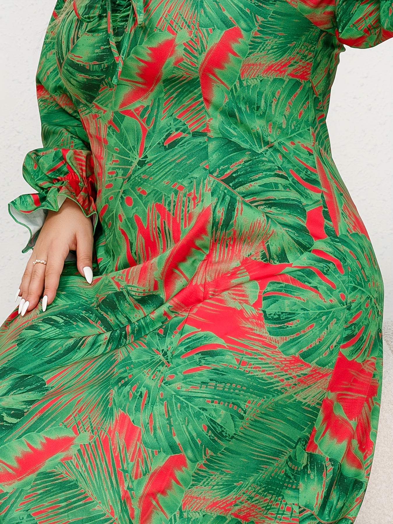Plus Tropical Print Lantern Sleeve Square Neck Ruffle Trim Dress