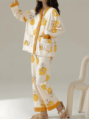 Bear Print Pajama Set Long Sleeve Top & Pants Women's Sleepwear