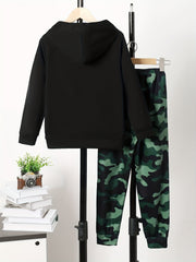 Camouflage Boy's Hoodie & Sweatpants Set Funny Face Print Street Style