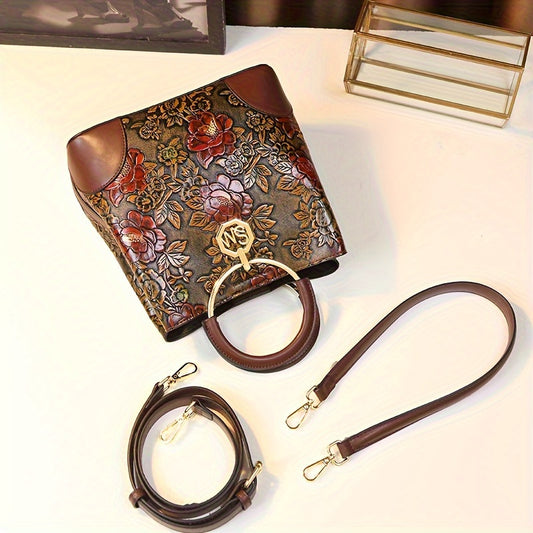 Vintage Flower Pattern Handbag Bucket Bag Women's Crossbody Purse