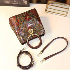 Vintage Flower Pattern Handbag Bucket Bag Women's Crossbody Purse