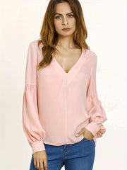  Casual Blouse Women's Plus Solid Stitching Lantern Sleeve
