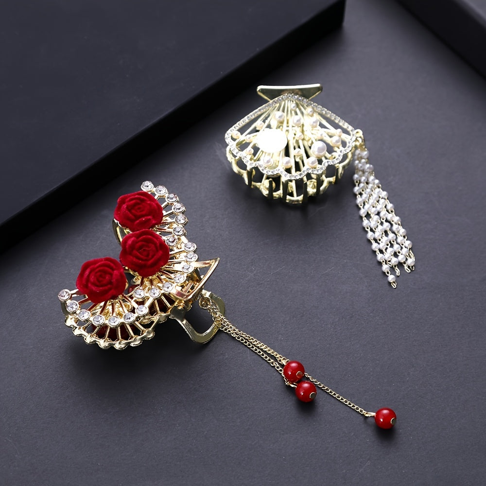 Chinese Style Rose Hair Clip Alloy Hairpin Decorated With Rhinestones Tassel