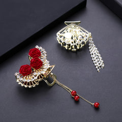 Chinese Style Rose Hair Clip Alloy Hairpin Decorated With Rhinestones Tassel