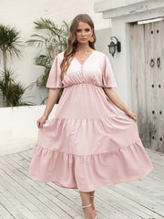  Solid Mini Pompom Decor Flutter Sleeve V Neck Smock Dress