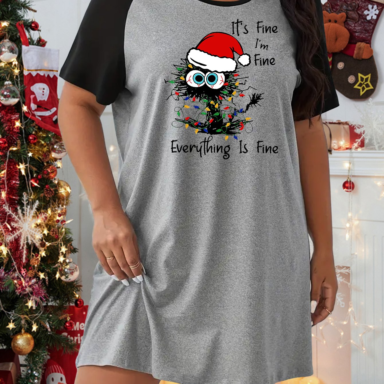  Christmas Cat & Lights Print Sleep Dress
