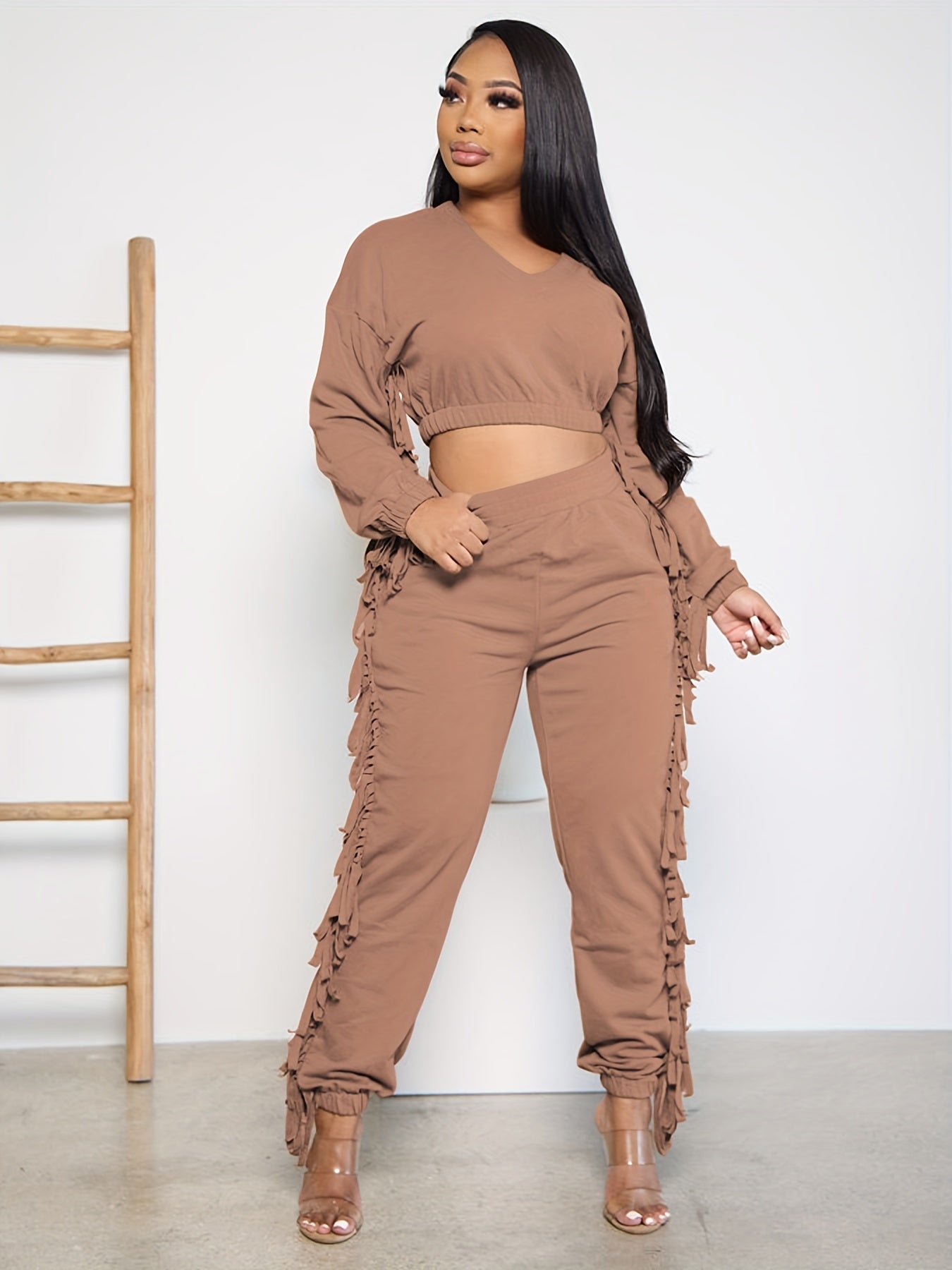  Solid V Neck Ruffle Trim Top & Pants Set