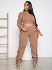  Solid V Neck Ruffle Trim Top & Pants Set