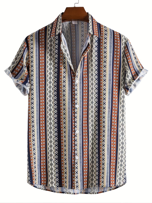 Ethnic Style Stripe Print Men's Casual Short Sleeve Shirt