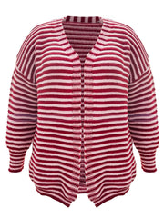  Stripe Print Open Front Lantern Sleeve Knit Cardigan