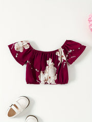 Girls Flower Graphic Off Shoulder Top & Shorts Set For Summer