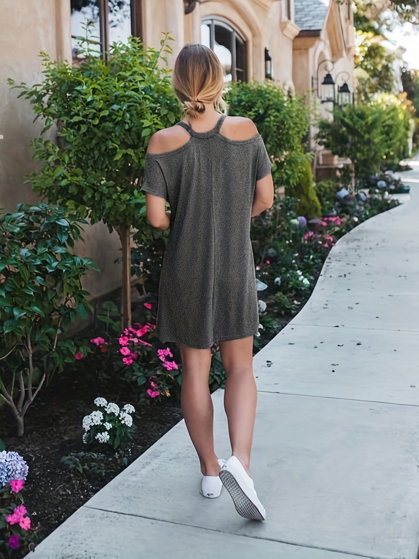  Casual Dress Plain Cold Shoulder Cut Out V Neck