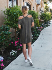  Casual Dress Plain Cold Shoulder Cut Out V Neck