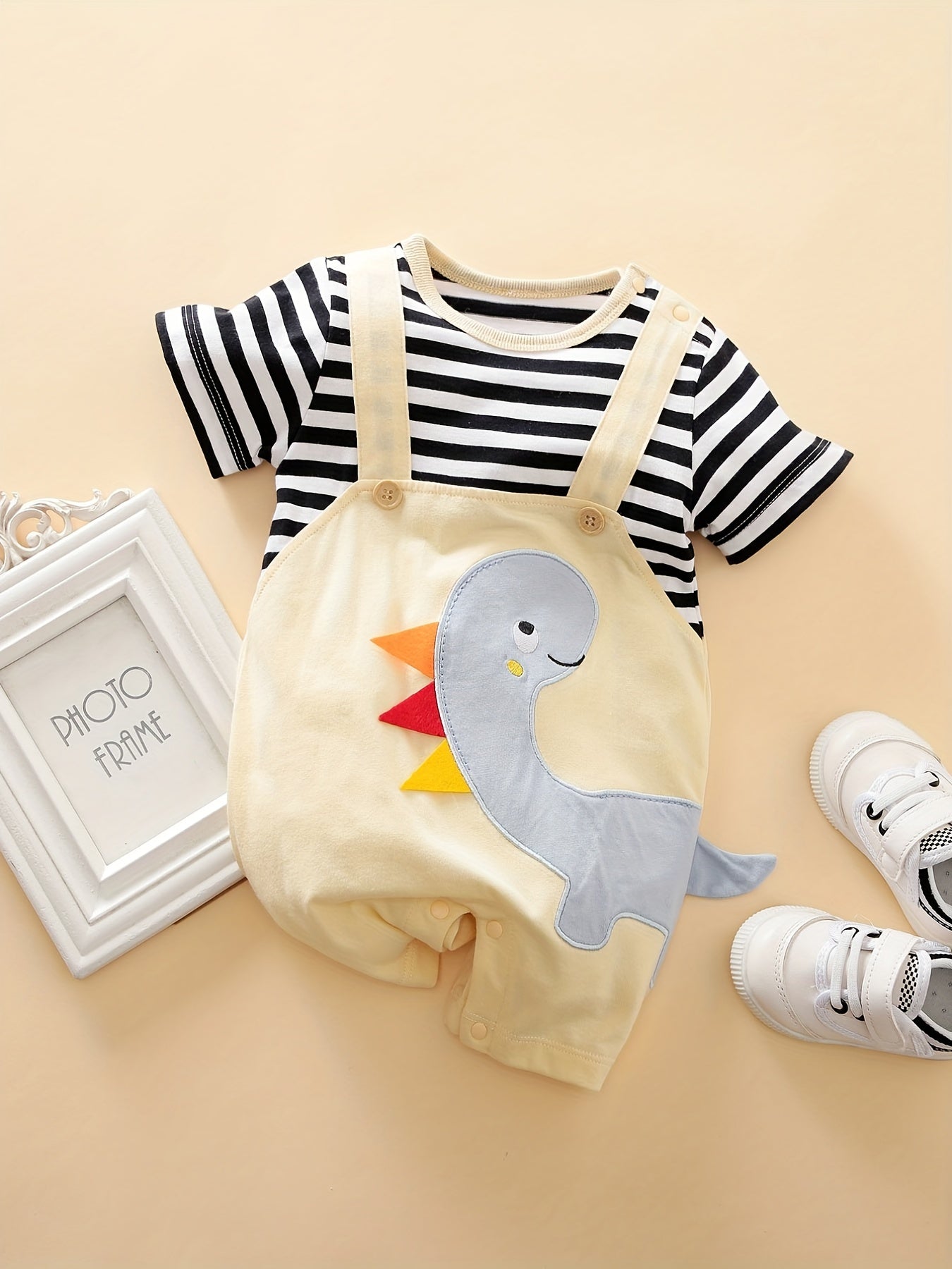 Newborn Dino Embroidered Suspender Romper Cotton Stripe Jumpsuit