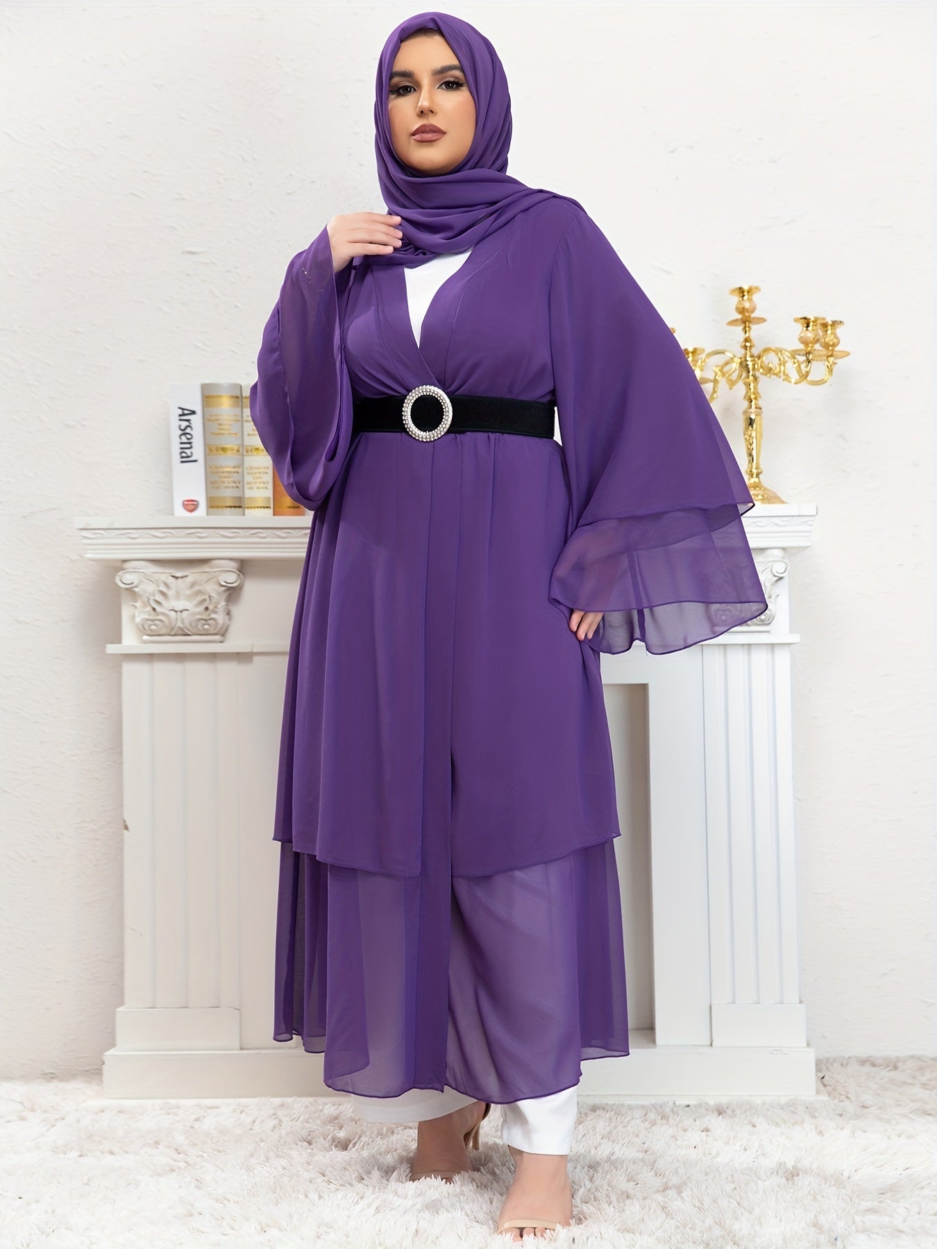  Mesh Bell Sleeve Layered Maxi Abaya Dress & Hijab 2pcs Set