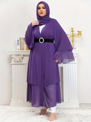  Mesh Bell Sleeve Layered Maxi Abaya Dress & Hijab 2pcs Set