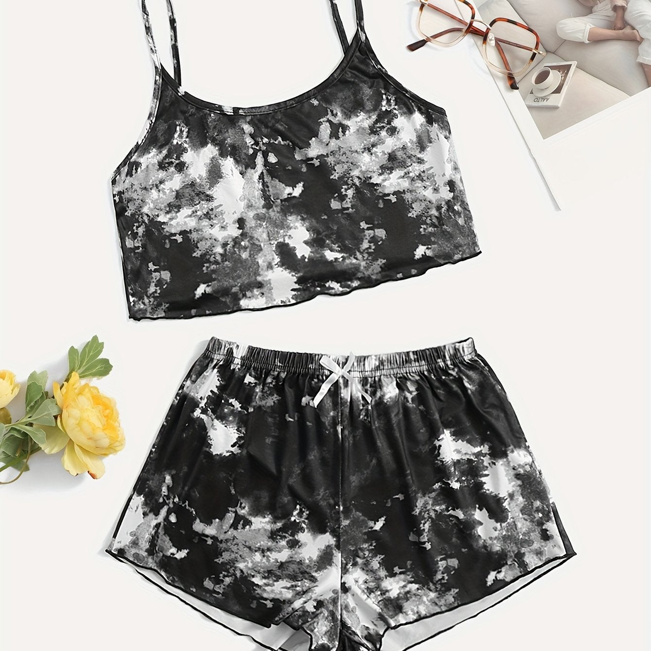 Tie Dye Pajama Set V Neck Cami & Shorts Sleepwear