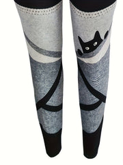  Colorblock Stripe & Cat Print Leggings
