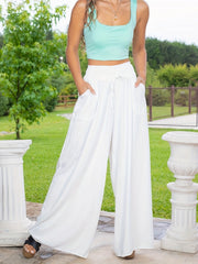  Solid Waist Drawstring High Rise Loose Wide Leg Pants