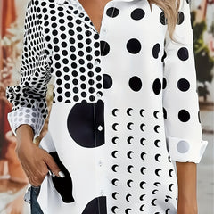  Colorblock Dot Moon Print Long Sleeve Button Up Shirt