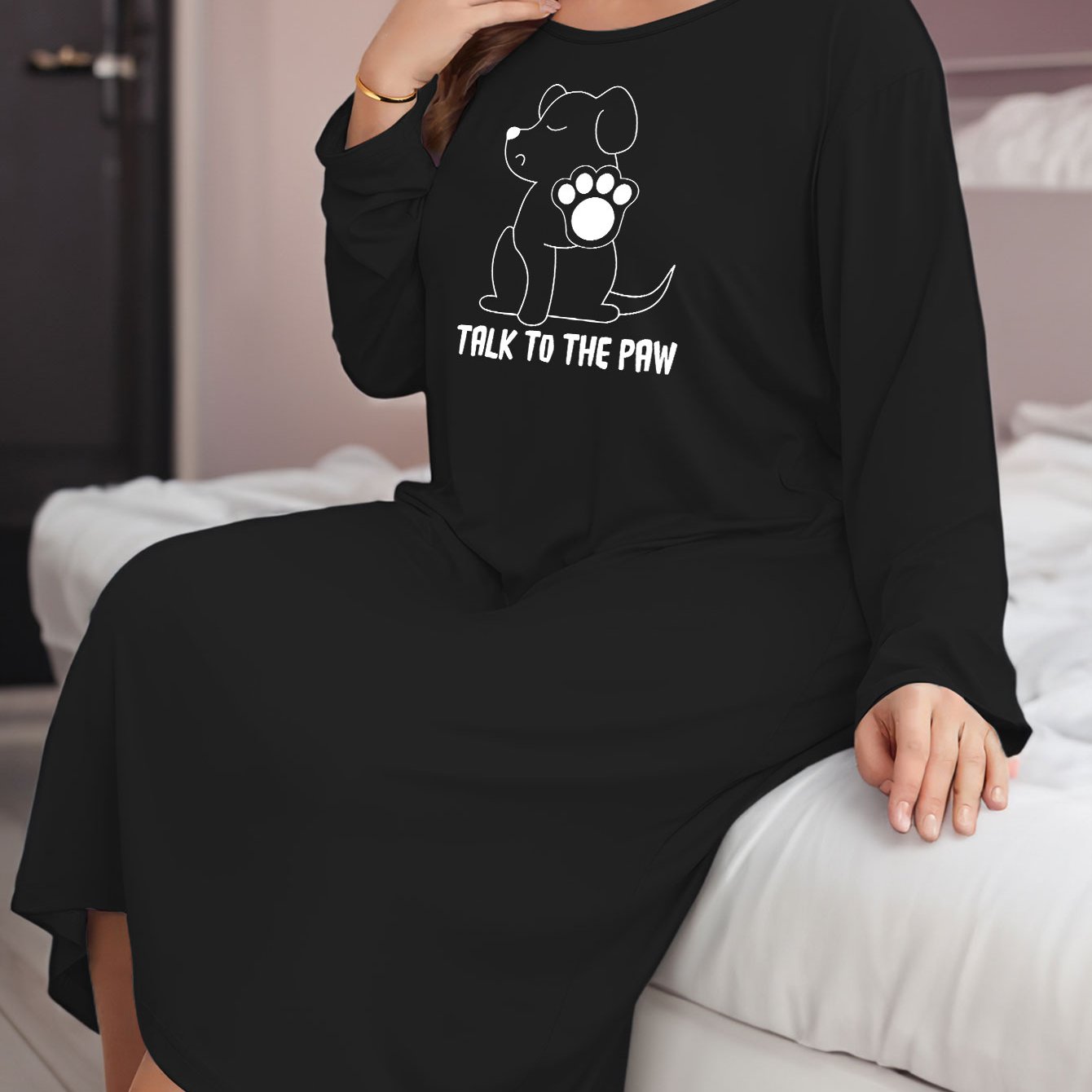  Dog & Paw Print Lounge Dress Long Sleeve Round Neck Tee Sleep Dress