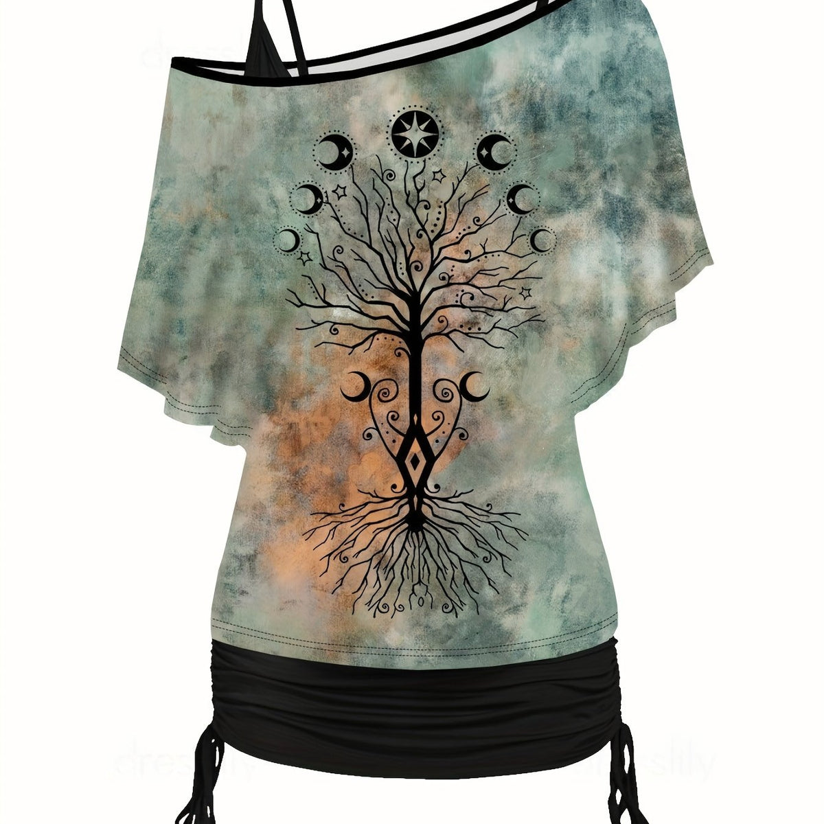Women's Plus Graphic Print One Shoulder Top & Solid Cami Top Set