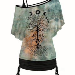 Women's Plus Graphic Print One Shoulder Top & Solid Cami Top Set