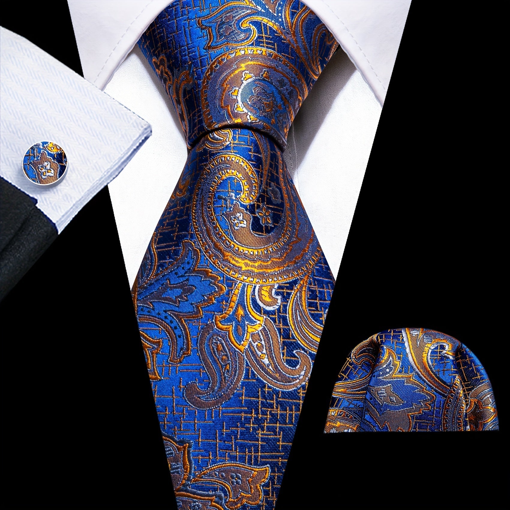 Barry Wang Men's Tie Dark Jacquard Paisley Set