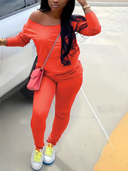  Solid One Shoulder Top & Pants Set