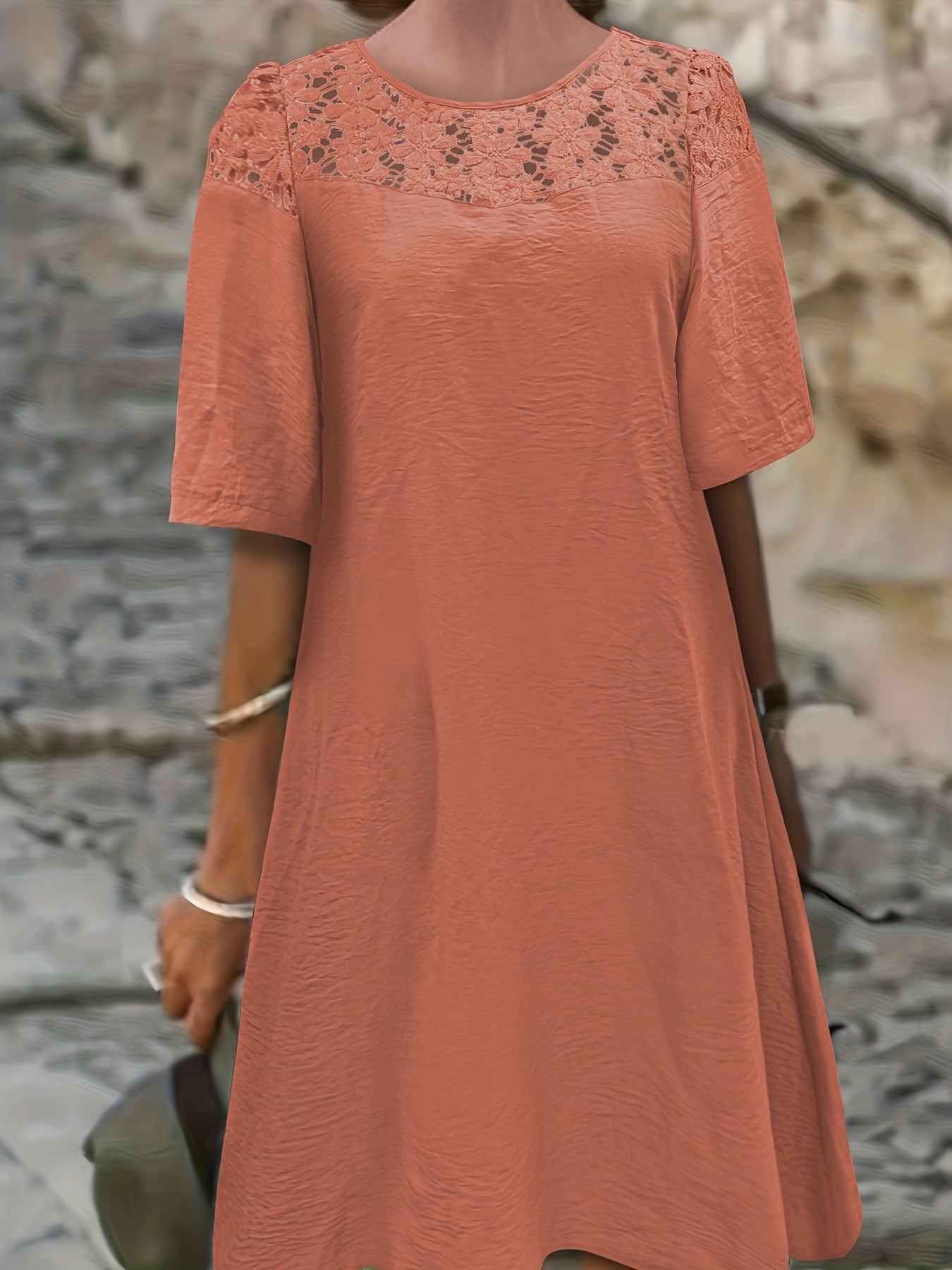  Casual Dress Women's Plus Solid Contrast Lace Short Sleeve Dress