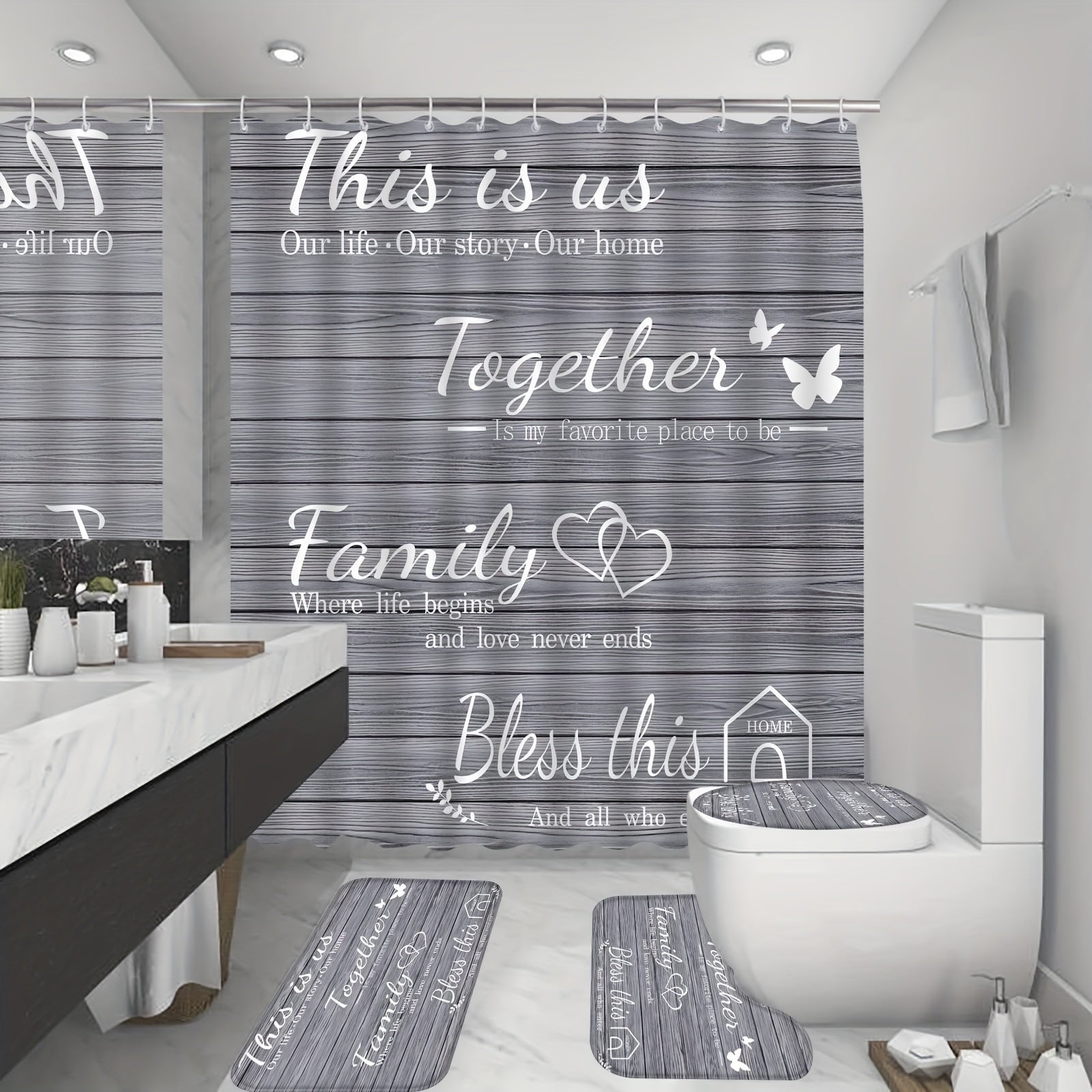 4pcs Family Shower Curtain Set with Non Slip Rugs - Grey