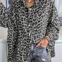 Leopard Print Long Sleeve Button Up Blouse