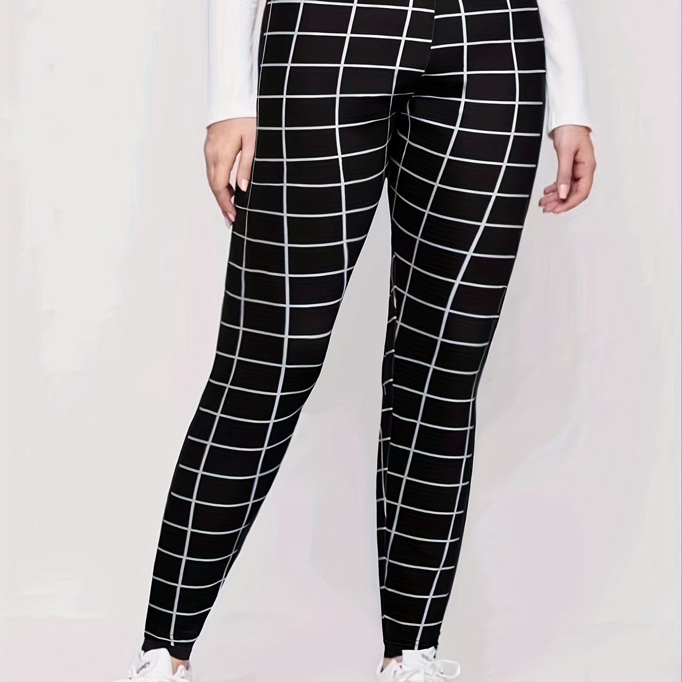  Pants Women's Plus Grid Print High Rise Medium Stretch Skinny Pants