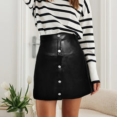  Solid PU Leather High Rise Mini Skirt
