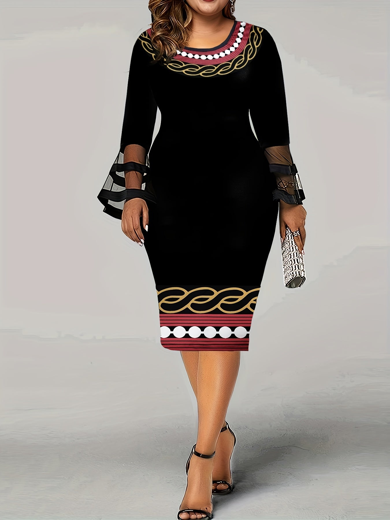  Colorblock Geometric Print Mesh Bell Sleeve Midi Dress
