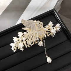 Tulip Flower Butterfly Rhinestone Hair Claw Clip in Gold