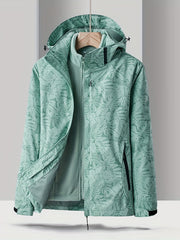 Women's Leaf Print Ski Jacket, Waterproof Soft Shell Hooded Snow Coat