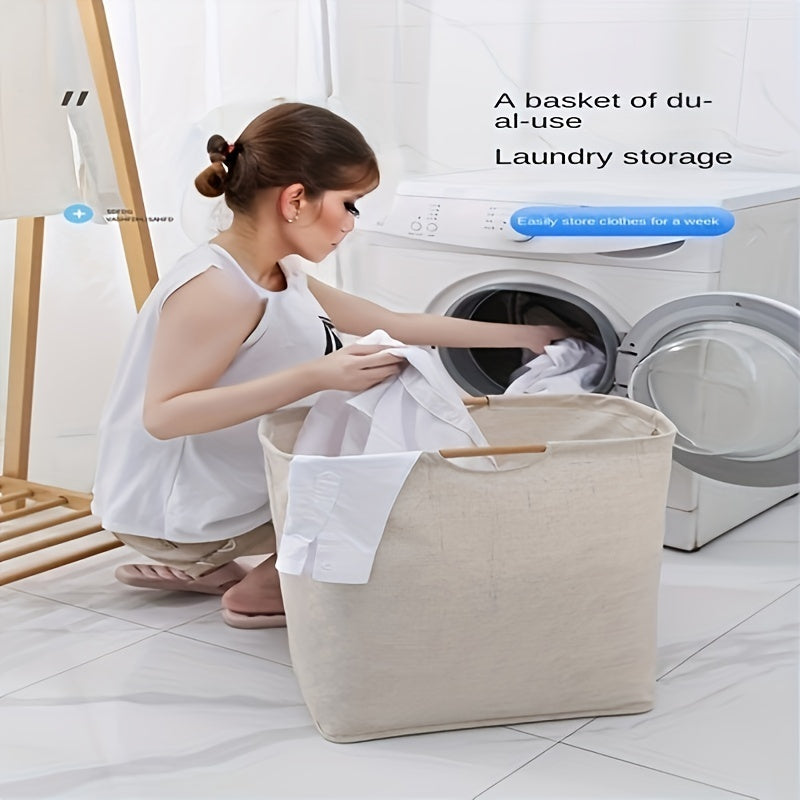 Large Laundry Storage Basket Wooden Handle Foldable Portable Household Organizer