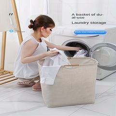 Large Laundry Storage Basket Wooden Handle Foldable Portable Household Organizer