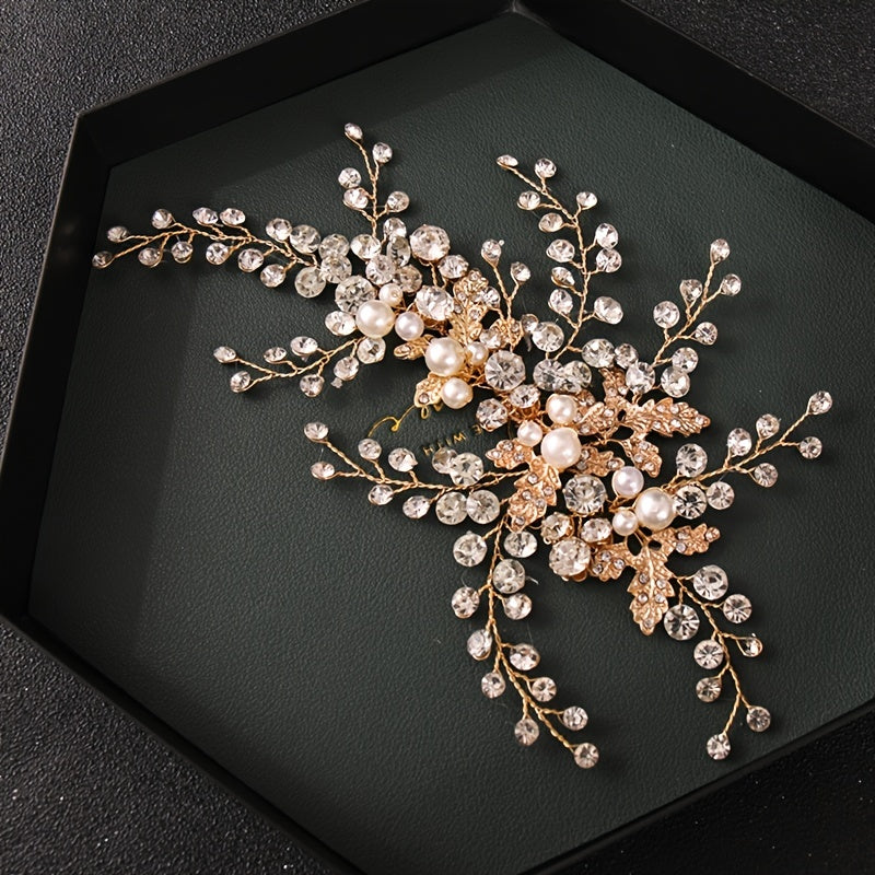 Golden Pearl Bridal Comb Floral Wedding Crystal Rhinestone Comb