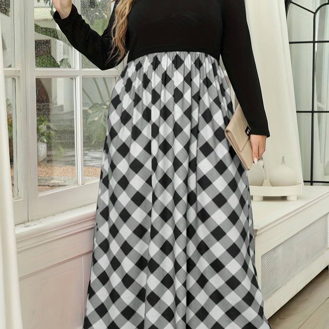 Colorblock Plaid Print Maxi Dress with Pockets