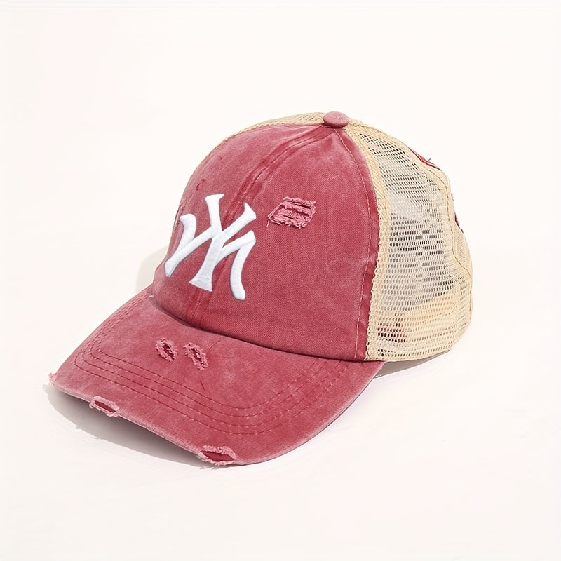 Embroidery Ponytail Trucker Hat Candy Ripped Washed Distressed Baseball Cap