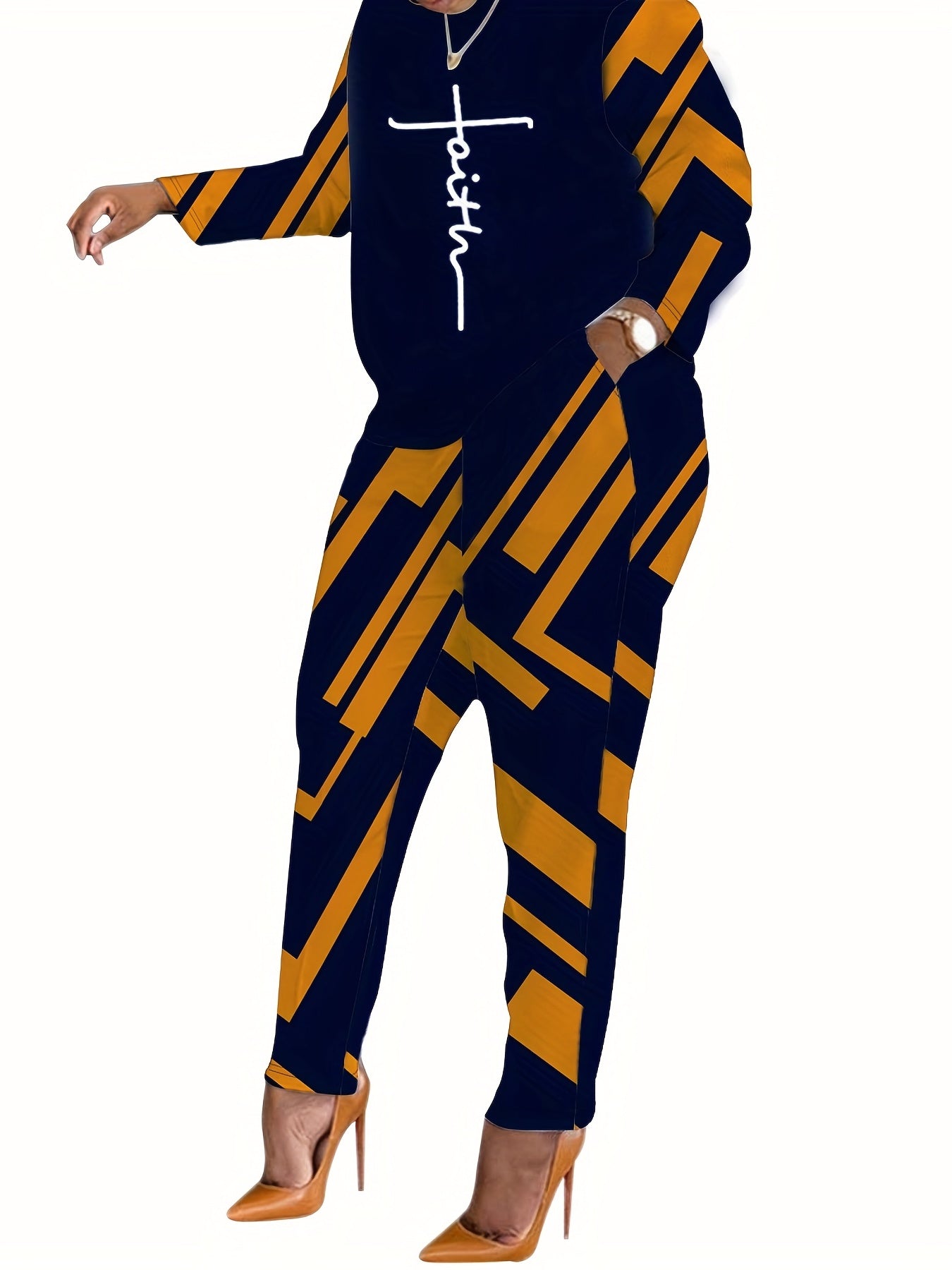  Colorblock Geometric Print Top & Skinny Pants Two Piece Set